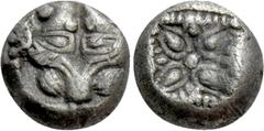 Greek Coins IONIA. Miletos. 1/16 Stater (Late 6th-early 5th centuries BC). Obv: Facing head of lion or panther. Rev: Stellate design, pelleted border around; all within incuse square. Cf. SNG Kayhan 4