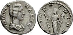 Roman Imperial Coins DIDIA CLARA (Augusta, 193). Denarius. Rome. Obv: DIDIA CLARA AVG. Draped bust right. Rev: HILAR TEMPOR. Hilaritas standing left, holding palm frond and cornucopia. RIC 10; T&M 295