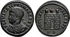 Roman Imperial Coins CRISPUS (Caesar, 316-326). Follis. Rome. Obv: FL IVL CRISPVS NOB CAES. Laureate, draped and cuirassed bust left. Rev: PROVIDENTIAE CAESS / R S. Camp gate with two turrets; above, 