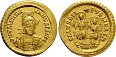 Roman Imperial Coins VALENTINIAN III (425-455). GOLD Solidus. Constantinople. Obv: D N VALENTINIANVS P F AVG. Helmeted and cuirassed bust facing slightly right, holding spear and shield decorated with