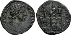 Roman Imperial Coins COMMODUS (177-192). Sestertius. Rome. Obv: M COMMODVS ANTONINVS AVG. Laureate head right. Rev: TR P V IMP IIII COS II P P / S - C. Emperor seated left on platform, holding roll, a