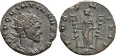 Roman Imperial Coins QUINTILLUS (270). Antoninianus. Mediolanum. Obv: IMP QVINTILLVS AVG. Radiate, draped and cuirassed bust right. Rev: FIDES MILIT / S. Fides standing facing, head left, holding sign