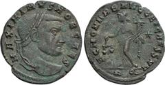 Roman Imperial Coins MAXIMINUS DAIA (Caesar, 305-309). Follis. Rome. Obv: MAXIMINVS NOB CAES. Laureate head right. Rev: SAC MON VRB AVGG ET CAESS NN / (star) / R Q. Moneta standing left, holding scale