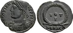 Roman Imperial Coins JOVIAN (363-364). Follis. Heraclea. Obv: D N IOVIANVS P F AVG. Diademed, draped and cuirassed bust left. Rev: VOT V / HERAC A. Legend in two lines within wreath. RIC 108. Conditio