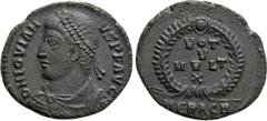 Roman Imperial Coins JOVIAN (363-364). Follis. Heraclea. Obv: D N IOVIANVS P F AVG. Diademed, draped and cuirassed bust left. Rev: VOT / V / MVLT / X / HERAC B. Legend in four lines within wreath. RIC
