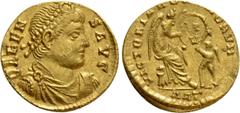 Roman Imperial Coins VALENTINIAN I (364-375). GOLD 1½ Scripulum. Antioch. Obv: VALENS AVG. Pearl-diademed, draped and cuirassed bust right. Rev: VICTORIA AVGVSTORVM / ANT. Victory seated right on cuir