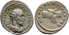 Roman Imperial Coins PUPIENUS (238). Antoninianus. Rome. Obv: IMP CAES M CLOD PVPIENVS AVG. Radiate, draped and cuirassed bust right. Rev: CARITAS MVTVA AVGG. Clasped hands. RIC 10a. Condition: Good v
