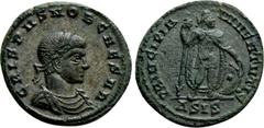 Roman Imperial Coins CRISPUS (Caesar, 316-326). Follis. Siscia. Obv: CRISPVS NOB CAESAR. Laureate, draped and cuirassed bust right. Rev: PRINCIPIA IVVENTVTIS / ΔSIS. Prince standing right, holding shi