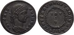 Roman Imperial Coins CRISPUS (Caesar, 316-326). Follis. Siscia. Obv: IVL CRISPVS NOB C. Laureate head right. Rev: CAESARVM NOSTRORVM / B SIS (star). VOT / V in two lines within wreath. RIC 161. Condit