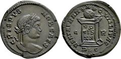 Roman Imperial Coins CRISPUS (Caesar, 316-326). Follis. Lugdunum. Obv: CRISPVS NOB CAES. Laureate head right. Rev: BEATA TRANQVILLITAS / C - R / PLG. Altar surmounted by globe and inscribed VO / TIS /
