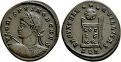 Roman Imperial Coins CRISPUS (Caesar, 316-326). Follis. Treveri. Obv: IVL CRISPVS NOB CAES. Laureate and cuirassed bust left, holding shield and spear pointing forward. Rev: BEATA TRANQVILLITAS / S TR