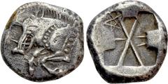 Greek Coins DYNASTS OF LYCIA. Uncertain dynast (Circa 500-480 BC). Stater. Obv: Forepart of boar left. Rev: Incuse square with three raised projections, divided by two lines; pentagram to upper left. 