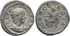 Roman Imperial Coins JULIA PAULA (Augusta, 219-220). Denarius. Rome. Obv: IVLIA PAVLA AVG. Draped bust right. Rev: CONCORDIA. Concordia seated left on throne, holding patera; star to right. RIC 211 (E