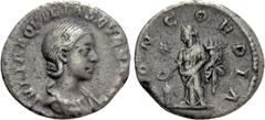 Roman Imperial Coins AQUILIA SEVERA (Augusta, 220-221 & 221-222). Denarius. Rome. Obv: IVLIA AQVILIA SEVERA AVG. Draped bust right. Rev: CONCORDIA. Concordia standing left, holding double cornucopia a