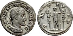 Roman Imperial Coins MAXIMINUS THRAX (235-238). Denarius. Rome. Obv: IMP MAXIMINVS PIVS AVG. Laureate, draped and cuirassed bust right. Rev: P M TR P P P. Maximinus standing left, raising hand and hol