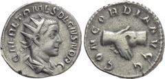 Roman Imperial Coins HERENNIUS ETRUSCUS (Caesar, 249-251). Antoninianus. Rome. Obv: Q HER ETR MES DECIVS NOB C. Radiate, draped and cuirassed bust right. Rev: CONCORDIA AVGG. Clasped hands. RIC 138 (D