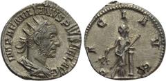 Roman Imperial Coins AEMILIAN (253). Antoninianus. Rome. Obv: IMP AEMILIANVS PIVS FEL AVG. Radiate, draped and cuirassed bust right. Rev: PACI AVG. Pax standing left, leaning upon column to right and 