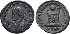 Roman Imperial Coins CRISPUS (Caesar, 316-326). Follis. Treveri. Obv: IVL CRISPVS NOB CAES. Laureate and cuirassed bust left, holding spear and shield. Rev: BEATA TRANQVILLITAS / P TR •. Globus set up