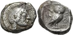 GRIECHEN ATTIKA. ATHEN. Tetradrachme ø 24mm (16,88g). ca. 500/490 - 485/0 v. Chr. Vs.: Kopf der Athena mit attischen Helm mit Helmbusch n. r. Rs.: ΑΘΕ, Eule im Quadratum incusum n. r. stehend, l. oben