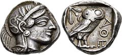 GRIECHEN ATTIKA. ATHEN. Tetradrachme ø 24mm (17,17g). 454 - 405 v. Chr. Vs.: Kopf der Athena mit verziertem u. bekränztem attischen Helm n. r. Rs.: ΑΘΕ, Eule n. r. stehend, Kopf in Vorderansicht, im F