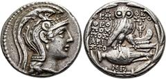 GRIECHEN ATTIKA. ATHEN. Tetradrachme des Neuen Stils ø 27mm (16,70g). 117 - 116 v. Chr. Vs.: Kopf der Athena mit attischem Helm n. r. Rs.: Α-ΘΕ, Eule auf Amphora, Beamte ΘΕΜΙ-ΣΤΟ / ΘΕΟ/ΠΟΜ/ΠΟΣ / ΑΡΙ/Σ