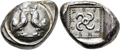 GRIECHEN LYKIEN. DYNASTEN. Teththiveibi. Stater ø 16mm (8,55g). 450 - 420 v. Chr. Vs.: Zwei gegenständige Hähne auf einem gewölbten Schild, dazwischen Zeichen. Rs.: "teththiveibi", Tetraskeles in vert