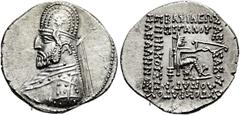GRIECHEN PARTHER. ARSAKIDEN. Mithradates III., 87 - 80 v. Chr. Drachme ø 20mm (4,10g). Mzst. Ekbatana. Vs.: Drapierte Büste mit Vollbart, Tiara (Stern aus sechs Punkten) u. Diadem n. l. Rs.: ΒΑΣΙΛΕΩΣ 