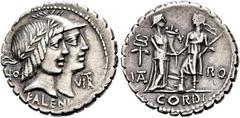RÖMER RÖMISCHE REPUBLIK NACH 211 V. CHR. Q. Fufius Calenus und P. Mucius Cordus Scaevola, 70 v. Chr. Denar ø 19mm (3,84g). Mzst. Rom. Vs.: HO - VIRT (teilweise in Ligatur) / KALENI, gestaffelte Köpfe 