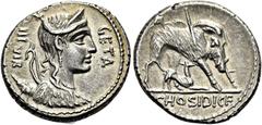 RÖMER RÖMISCHE REPUBLIK NACH 211 V. CHR. C. Hosidius Geta, 68 v. Chr. Denar ø 18mm (4,22g). Mzst. Rom. Vs.: GETA / IIIVIR, Büste der Diana mit Köcher u. Bogen n. r. Rs.: C HOSIDI C F, von einer Lanze 