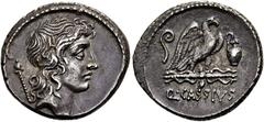 RÖMER RÖMISCHE REPUBLIK NACH 211 V. CHR. Q. Cassius Longinus, 55 v. Chr. Denar ø 19mm (3,71g). Mzst. Rom. Vs.: Kopf des Genius Populi Romani n. r., dahinter Zepter. Rs.: Q CASSIVS, Adler auf Blitzbünd