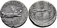 RÖMER RÖMISCHE REPUBLIK NACH 211 V. CHR. Marcus Antonius, 32 - 31 v. Chr. Denar ø 19mm (3,68g). Mzst. mit Marc Anton ziehend (Patras?). Vs.: ANT AVG / IIIVIR R P C, Kriegsgaleere n. r. Rs.: LEG XXI, A