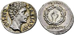 RÖMER RÖMISCHE KAISERZEIT. Augustus, 27 v. Chr. - 14 n. Chr. Denar ø 19mm (3,85g). 19 v. Chr. Mzst. in Spanien. Vs.: CAESAR AVGVSTVS, Kopf n. r. Rs.: OB CIVES SERVATOS ober- und unterhalb eines Eichen