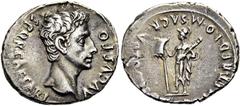 RÖMER RÖMISCHE KAISERZEIT. Augustus, 27 v. Chr. - 14 n. Chr. Denar ø 20mm (3,77g). 18 - 16 v. Chr. Mzst. in Spanien (Colonia Patricia?). Vs.: S P Q R CAESARI AVGVSTO, Kopf n. r. Rs.: VOT P SVSC PRO SA