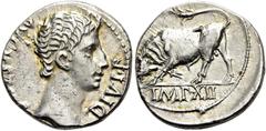 RÖMER RÖMISCHE KAISERZEIT. Augustus, 27 v. Chr. - 14 n. Chr. Denar ø 18mm (3,78g). 11 v. Chr. Mzst. Lugdunum. Vs.: AVGVSTVS DIVI F, Kopf n. r. Rs.: IMP XII, Stier n. l. RIC 178a; C. 158; BMC 476; BN 1