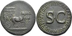 RÖMER RÖMISCHE KAISERZEIT. Tiberius, 14 - 37 n. Chr. AE Sesterz ø 34mm (26,67g). 35 - 36 n. Chr. Mzst. Rom. Vs.: Quadriga n. r., auf dem Wagenkasten Viktoria, Gefangener u. Tropaeum. Rs.: TI CAESAR DI