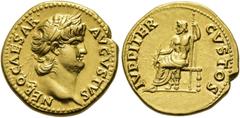 RÖMER RÖMISCHE KAISERZEIT. Nero, 54 - 68 n. Chr. Aureus ø 19mm (7,32g). 66 - 67 n. Chr. Mzst. Rom. Vs.: NERO CAESAR AVGVSTVS, Kopf mit Lorbeerkranz n. r. Rs.: IVPPITER CVSTOS, Jupiter mit Zepter u. Bl