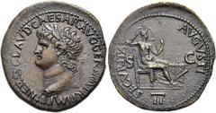 RÖMER RÖMISCHE KAISERZEIT. Nero, 54 - 68 n. Chr. AE Dupondius ø 33mm (13,77g). 65 n. Chr. Mzst. Lugdunum. Vs.: NERO CLAVD CAESAR AVG GER P M TR P IMP P P, Büste mit Lorbeerkranz u. Globus n. l. Rs.: S