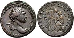 RÖMER RÖMISCHE KAISERZEIT. Trajan, 98 - 117 n. Chr. AE Dupondius ø 29mm (13,20g). ca. 106 - 107 n. Chr. Mzst. Rom. Vs.: IMP CAES NERVAE TRAIANO AVG GER DAC PM TR P COS V PP, Büste mit Strahlenkranz un