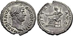 RÖMER RÖMISCHE KAISERZEIT. Hadrian, 117 - 138 n. Chr. Denar ø 18mm (2,81g). ca. 130 n. Chr. Mzst. Rom. Vs.: HADRIANVS AVG COS III PP, Büste mit Lorbeerkranz u. Gewand auf l. Schulter n.r. Rs.: PIETAS 