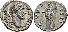 RÖMER RÖMISCHE KAISERZEIT. Antoninus Pius, 138 - 161 n. Chr. Denar ø 19mm (3,71g). 145 - 161 n. Chr. Mzst. Rom. Vs.: ANTONINVS AVG PIVS PP, Kopf mit Lorbeerkranz n.r. Rs.: COS IIII, Concordia steht mi