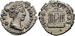 RÖMER RÖMISCHE KAISERZEIT. Diva Faustina maior, ab 140 n. Chr. Denar ø 18mm (3,36g). nach 141 n. Chr., geprägt unter Antoninus Pius. Mzst. Rom. Vs.: DIVA FAVSTINA, drapierte Büste n.r. Rs.: AED DIV FA