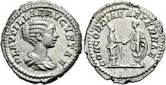 RÖMER RÖMISCHE KAISERZEIT. Plautilla, 202 - 205 n. Chr. Denar ø 19mm (3,29g). 202 n. Chr. Mzst. Rom. Vs.: PLAVTILLAE AVGVSTAE, drapierte Büste n. r. Rs.: CONCORDIAE AETERNAE, Plautilla und Caracalla r