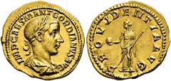 RÖMER RÖMISCHE KAISERZEIT. Gordian III., 238 - 244 n. Chr. Aureus ø 20mm (4,62g). 239 n. Chr. Mzst. Rom. Vs.: IMP CAES M ANT GORDIANVS AVG, drapierte Panzerbüste mit Lorbeerkranz n. r. Rs.: PROVIDENTI