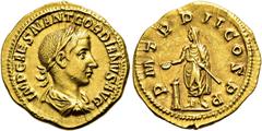 RÖMER RÖMISCHE KAISERZEIT. Gordian III., 238 - 244 n. Chr. Aureus ø 20mm (4,71g). 240 n. Chr. Mzst. Rom. Vs.: IMP CAES M ANT GORDIANVS AVG, drapierte Panzerbüste mit Lorbeerkranz n. r. Rs.: P M TR P I
