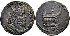 RÖMER RÖMISCHE KAISERZEIT. Postumus, 259 - 269 n. Chr. AE Doppelsesterz ø 29mm (17,59g). 261 n. Chr. Mzst. Augusta Treverorum. Vs.: IMP C M CASS LAT POSTVMVS PF AVG, drapierte Panzerbüste mit Strahlen