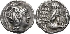 GRIECHEN ATTIKA. ATHEN Tetradrachme des Neuen Stils ø 28mm (16,46g). 116/5 v. Chr. Vs.: Kopf der Athena mit attischem Helm n. r. Rs.: Α-ΘΕ, Eule auf Amphora, darauf A, Beamte ΣΩΚΡ/ΑΤΗΣ / ΔΙΟΝΥ/ΣΟΔΩ / 