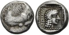 GRIECHEN LYKIEN. DYNASTEN Uvug. 1/4 Stater ø 13mm (2,85g). 470 - 440 v. Chr. Mzst. unbestimmt. Vs.: Geflügelte androkephale Stierprotome n. r. Rs.: Apollonkopf n. r., dahinter "uwug". Vismara II, 93; 