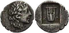 GRIECHEN LYKIEN. LYKISCHER BUND Kragos. Hemidrachme ø 16mm (1,64g). 44 - 18 v. Chr. Vs.: Λ-Υ, Apollonkopf mit Lorbeerkranz n. r. Rs.: Kithara zwischen K-P im Quadratum incusum. SNG Aul. 4298; Troxell 