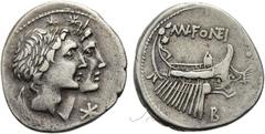 RÖMER RÖMISCHE REPUBLIK. RÖMISCHE REPUBLIK NACH 211 V. CHR Mn. Fonteius, 108 oder 107 v. Chr. Denar ø 20mm (3,92g). Mzst. Rom. Vs.: Gestaffelte Büsten der Dioskuren n. r., davor Stern. Rs.: MN FONTEI 