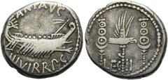 RÖMER RÖMISCHE REPUBLIK. RÖMISCHE REPUBLIK NACH 211 V. CHR Marcus Antonius, 32 - 31 v. Chr. Denar ø 17mm (3,73g). Mzst. mit Marc Anton ziehend (Patras?). Vs.: ANT AVG / IIIVIR R P C, Kriegsgaleere n. 